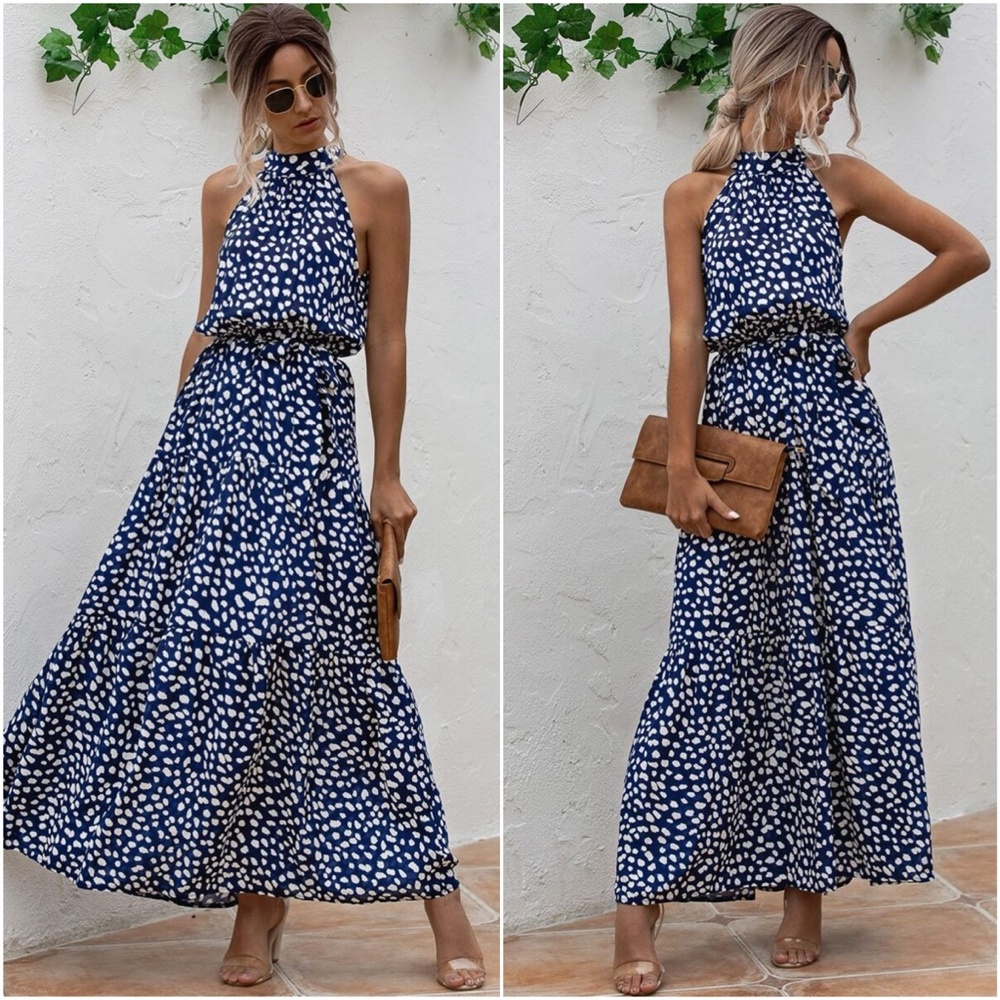 Boho navy Dalmatian dot belted halter maxi dress - Picture 1 of 4